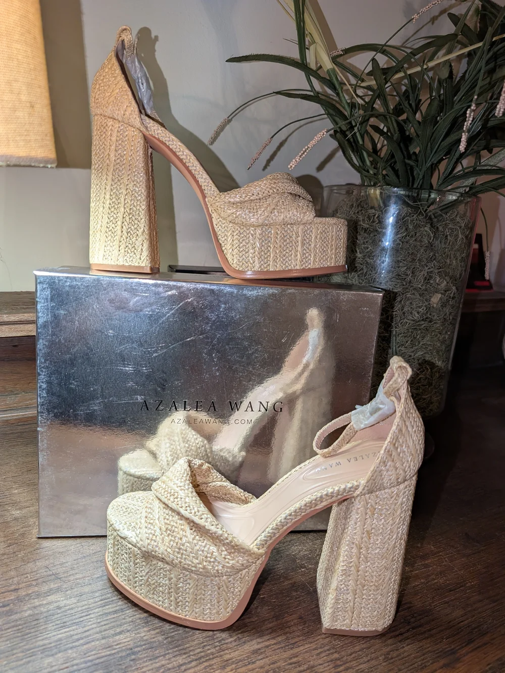 Azalea Wang Clary Beige Raffia Platform Sandals